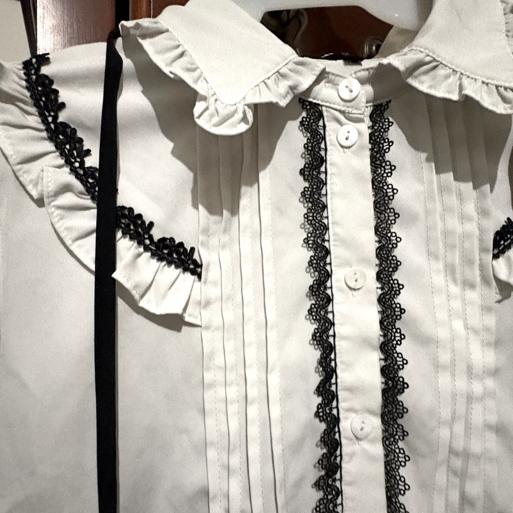 Alice Blue White Blouse with Black Lace Trim